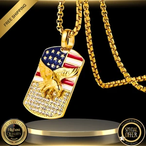 Ciondolo aquila patriottica e bandiera USA ghiacciata tono oro 14 carati + collana catena corda 24" - Foto 1 di 5