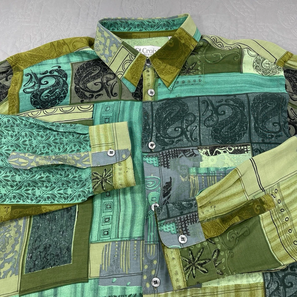Camisa St Croix Tejida Botón Para Hombre Mediana Verde Paisley Geométrica Viscosa Parche Foto 1 de 4