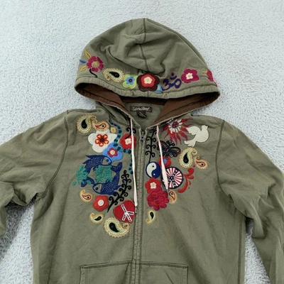 Lucky Brand Embroidered Hoodie Womens Medium Sweatshirt Zip Up Boho Floral Peace - Image 1 of 4