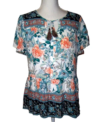 Davina M 码蓝色花卉荷叶边锁眼领流苏束腰上衣 — 第 1/4 张图片