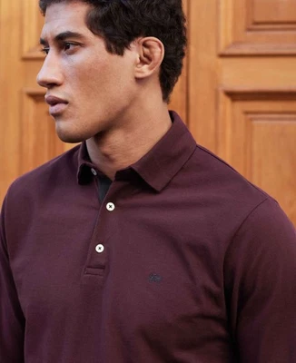 Savile Row Company Men's Burgundy Cotton Pique Long Sleeve Polo Shirt - Image 1 of 4
