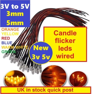 Candle Flicker 3mm 5mm 3V 5V clear lens wired quality LEDS models etc UK stock - Image 1 of 4