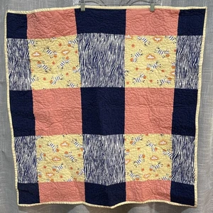 Vintage Baby Patchwork Quilt Handmade Square 33.5”X33.5” Zebras Blue Pink Yellow - Picture 1 of 8