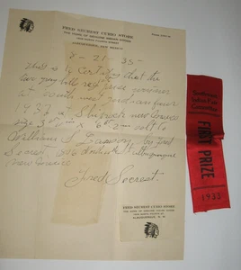 Cinta del primer premio 1933 y carta firmada-SW IndianFair Fred Secrest Albuquerque, casi nuevo - Imagen 1 de 5