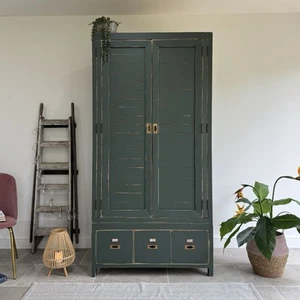 Rustic Reclaimed Solid Wood Wardrobe Painted Green - Picture 1 of 7