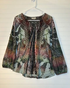Top campesino One World para mujer S verde marrón boho cachemir elástico - Imagen 1 de 8