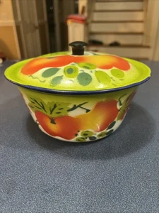 Vintage Emaillegeschirr Schüssel mit Deckel ~ Obst Design ~ 6,5" - Bild 1 von 7