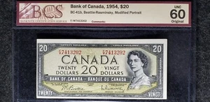 Bank of Canada 1954 $20 BC-41b F/W Beattie-Rasminsky (SN:F/W7413202) UNC 60 - Picture 1 of 2