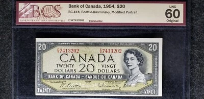 Bank of Canada 1954 $20 BC-41b F/W Beattie-Rasminsky (SN:F/W7413202) UNC 60 - Image 1 of 2