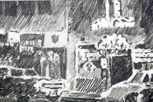 Original Charcoal Illustration by Saul, Bernard 1980's Cityscape Cars - Picture 1 of 2