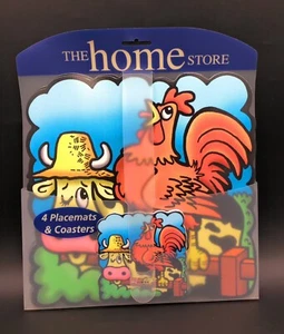The Home Store Tovagliette per Bambini Cartoni Animati Mucca e Gallina x 4 e 4 x Sottobicchieri -Nuove - Foto 1 di 2