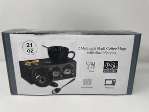 *Nuevo* Juego de 2 tazas de café calavera medianoche CALATOUR con cucharas calavera en caja de regalo - Imagen 1 de 6
