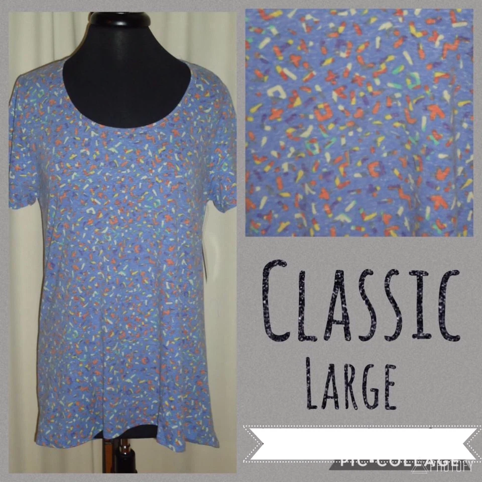 LuLaRoe Classic T, Grande, Denim azul con colorido "confeti", Nuevo con etiquetas Foto 1 de 1