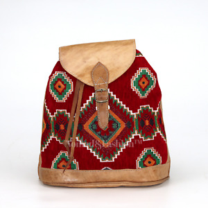 Leather Backpack purse for women fashion handbags, travel carry on Red kilim