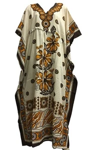Bohemian Crepe Caftan Cover-Up Hippie Gypsy Chic Beige/Brown Floral No75 - Picture 1 of 2