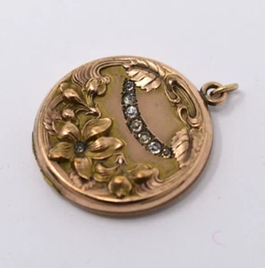 Antique c. 1900 Gold Filled & Paste Art Nouveau Lily Repousse Round Photo Locket - Picture 1 of 4