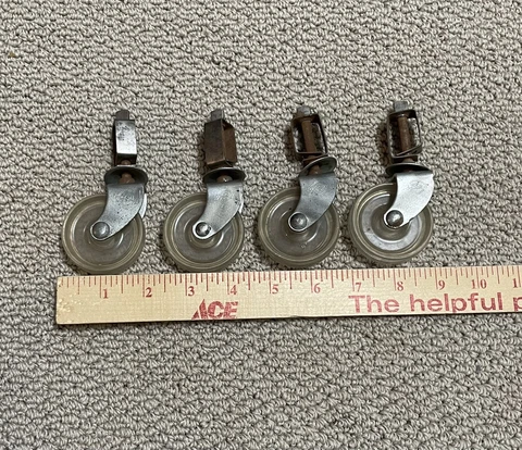 4 Vintage Metal & Clear Plastic Caster Wheels Bassick 2" Furniture Rollers Cover
