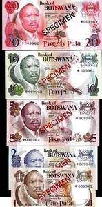 BOTSWANA 1 2 5 10 20 PULA P-1 2 3 4 5 1979 BIRD UNC SPECIMEN SET ANIMAL BANKNOTE - Picture 1 of 5