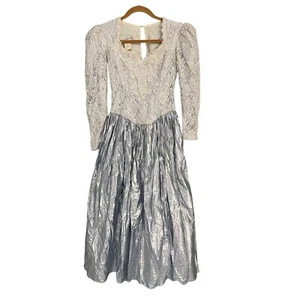 Vintage Scott McClintock Metallic Silber Spitze & Satin Langarm Kleid Damen - Bild 1 von 17