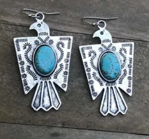 1Pair Blue Turquoise Tibetan Silver Eagle Earrings  - Picture 1 of 1