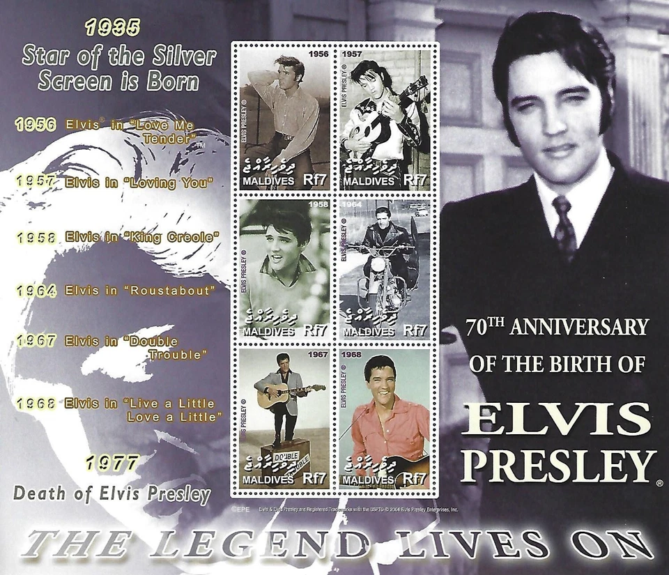 Hoja de 6 estampillas de recuerdo de Elvis Presley RF7 Maldivas 2005 #2869 70 cumpleaños Foto 1 de 4