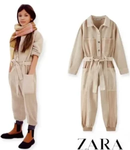 ZARA Cuffed Combination Cargo Jumpsuit Khaki Beige Tan Pockets Size 7 - Picture 1 of 7