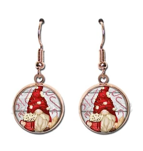 Cute Christmas Gnome Cup of Cocoa - Handmade Round Resin Dangling Earrings 16mmd - Picture 1 of 10