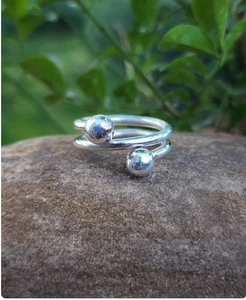 Minimalist 925 Sterling Silver Ball Ring | Double Band Adjustable Boh   All Size - Picture 1 of 12