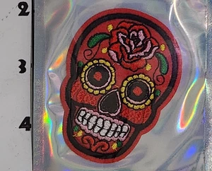 Red Sugar Skull Patch Dia De La Muerte Vintage Embroidered Craft Halloween - Picture 1 of 2
