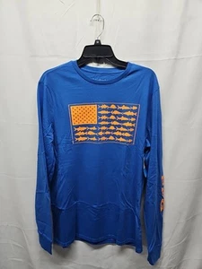 Columbia Pfg Men Blue Orange Long Sleeve Graphic Print 100% Cotton Shirt Sz Med - Picture 1 of 10