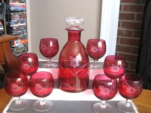 Ruby Red Flash Glass 8" Decanter w Stopper & 8 Brandy Snifters/Glasses - Picture 1 of 7