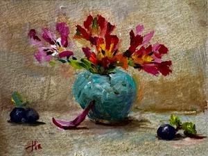 ACEO ORIGINAL hand made oil painting -Alstroemeria with plums - JFM - Picture 1 of 2