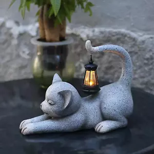 Garden Cat Statue with Solar Lantern, Garden Sculpture Decor Animal Figurines Cu - Picture 1 of 12