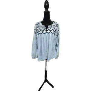 Anthropologie ONE SEPTEMBER Blue Embroidered Peasant Blouse Balloon Sleeve Sz L - Picture 1 of 6
