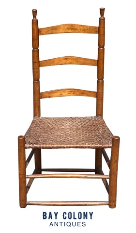 18th C Antique Queen Anne Ladder Back Chair W/ Splint Seat Cover