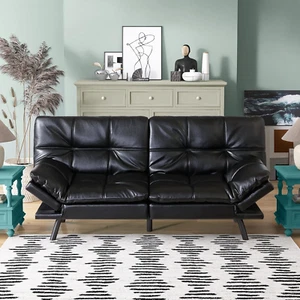 Futon Sofa Bed, Black Leather Memory Foam Futon Sleeper Sofa Loveseat Convert... - Picture 1 of 1