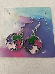 autism Puzzle Earth Round Earrings, Cool Funky Game Stainless Steel Earrings - Picture 1 of 22