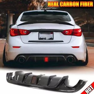For Infiniti Q50 Sedan 2014-17 REAL CARBON Rear Bumper Lip Diffuser W/Red LED - Picture 1 of 14