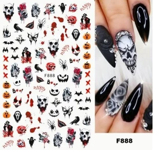 Nail Art Stickers Decals Halloween Skull Spider Blood Pumpkin Ghost Grave Bat - Picture 1 of 2