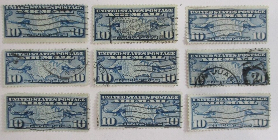 U.S. USED   (9)  USED  "AIR MAIL    Sc#C7 w/ VARIOUS  CANCELS " See Pic - Image 1 of 1