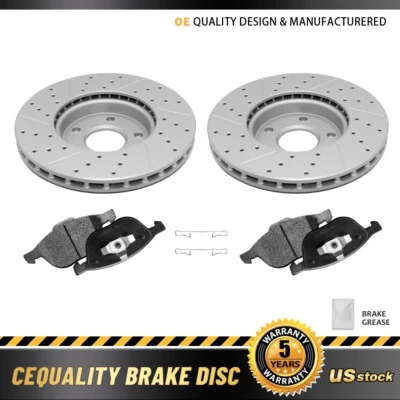 Front Drilled Disc Rotors + Ceramic Pads for 2012-2018 Ford Focus Volvo C30 S40 - Image 1 of 4