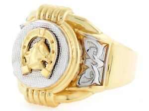 10k or 14k Two Tone Gold Lucky Horseshoe Round Fancy Mens Ring
