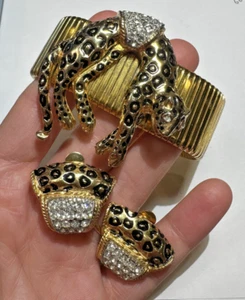 Panther Cat Leopard Black Enamel Rhinestones Stretch Bracelet Clip Earrings Set - Picture 1 of 15