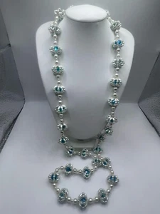 Vintage Silver/ Blue Oval Faux Pearl Necklace Custom made .60" Bead size - Picture 1 of 5