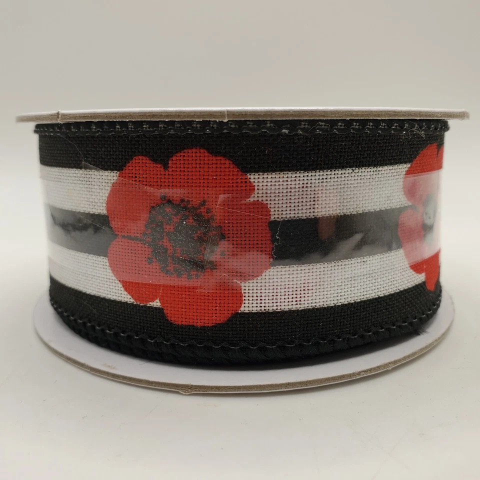 Celebrate It Aria Modern Pop Ribbon 1 1/2 Inch x 4 yd Black White Red Flower NEW - Image 1 of 4