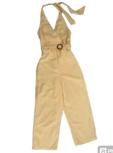 American Eagle Jumpsuit Womens Sz M Buttercup Yellow Linen Blend Belt Halter New - Picture 1 of 11