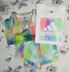 Girls Adidas (3pc) Green/Multi Tie Dye T-Shirt, Tank Top, & Shorts Sz/ S (7-8) - Picture 1 of 11