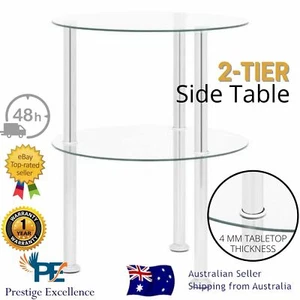 Tempered Glass Side Table Furniture Modern Bedside Stainless Steel Round 2-Tier - Picture 1 of 9