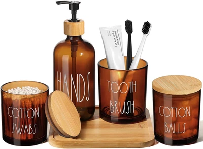 Juego de accesorios de baño de vidrio, ámbar completo 5 piezas con bandeja de bambú, dispensador de jabón Foto 1 de 4