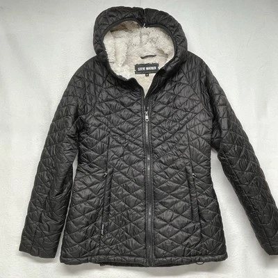 Abrigo acolchado Steve Madden Puffer para mujer pequeño negro acolchado forrado de piel sintética chaqueta cálida Foto 1 de 4